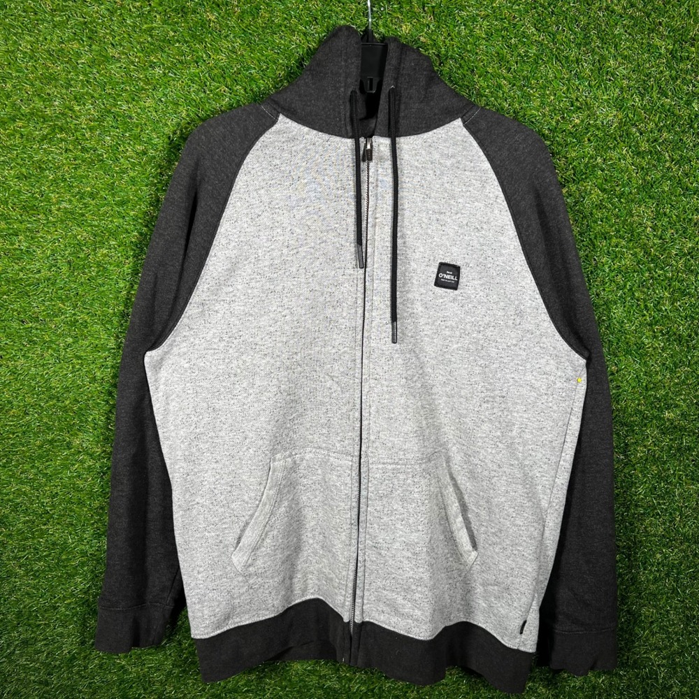 ONeill Mens Full Zip‎ Hoodie Large Grey Charcoal Color Block Raglan Sweatshirt